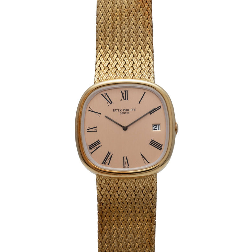 Patek Philippe Ellipse Jumbo watch featuring Roman numerals, a mesh gold band, and a date window at 3 oclock.