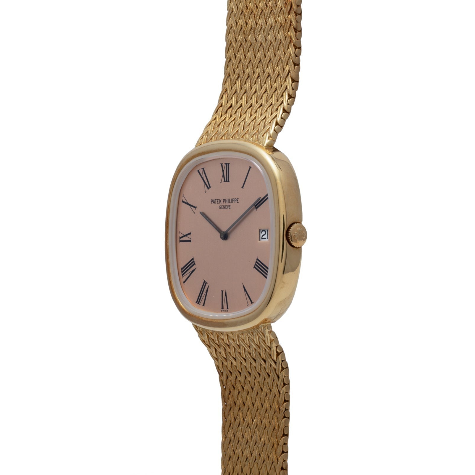 The Patek Philippe Ellipse Jumbo watch features a gold case, pink dial with Roman numerals, a woven metal band, and a date display.