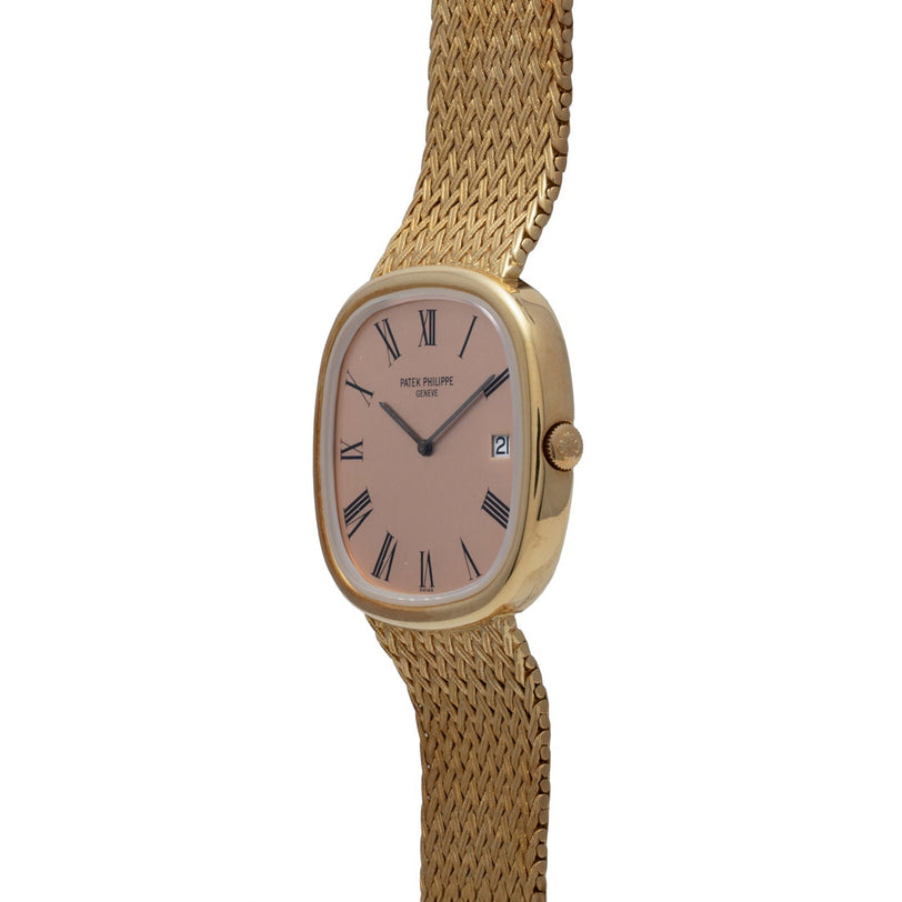 The Patek Philippe Ellipse Jumbo watch features a gold case, pink dial with Roman numerals, a woven metal band, and a date display.