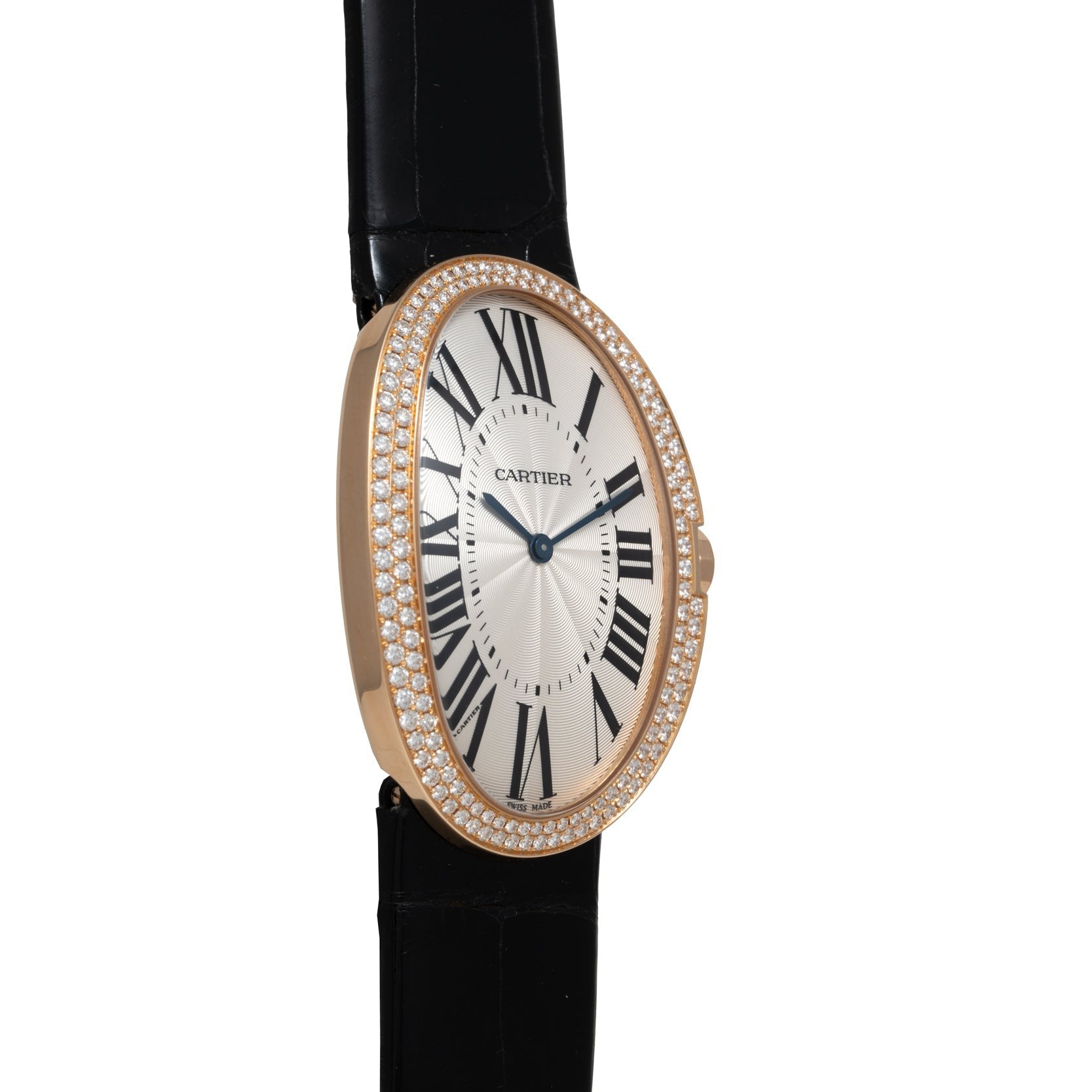 The Cartier Baignoire Jumbo watch features black Roman numerals, a diamond bezel, and a black leather strap, displayed at an angle.