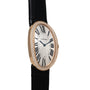 The Cartier Baignoire Jumbo watch features black Roman numerals, a diamond bezel, and a black leather strap, displayed at an angle.