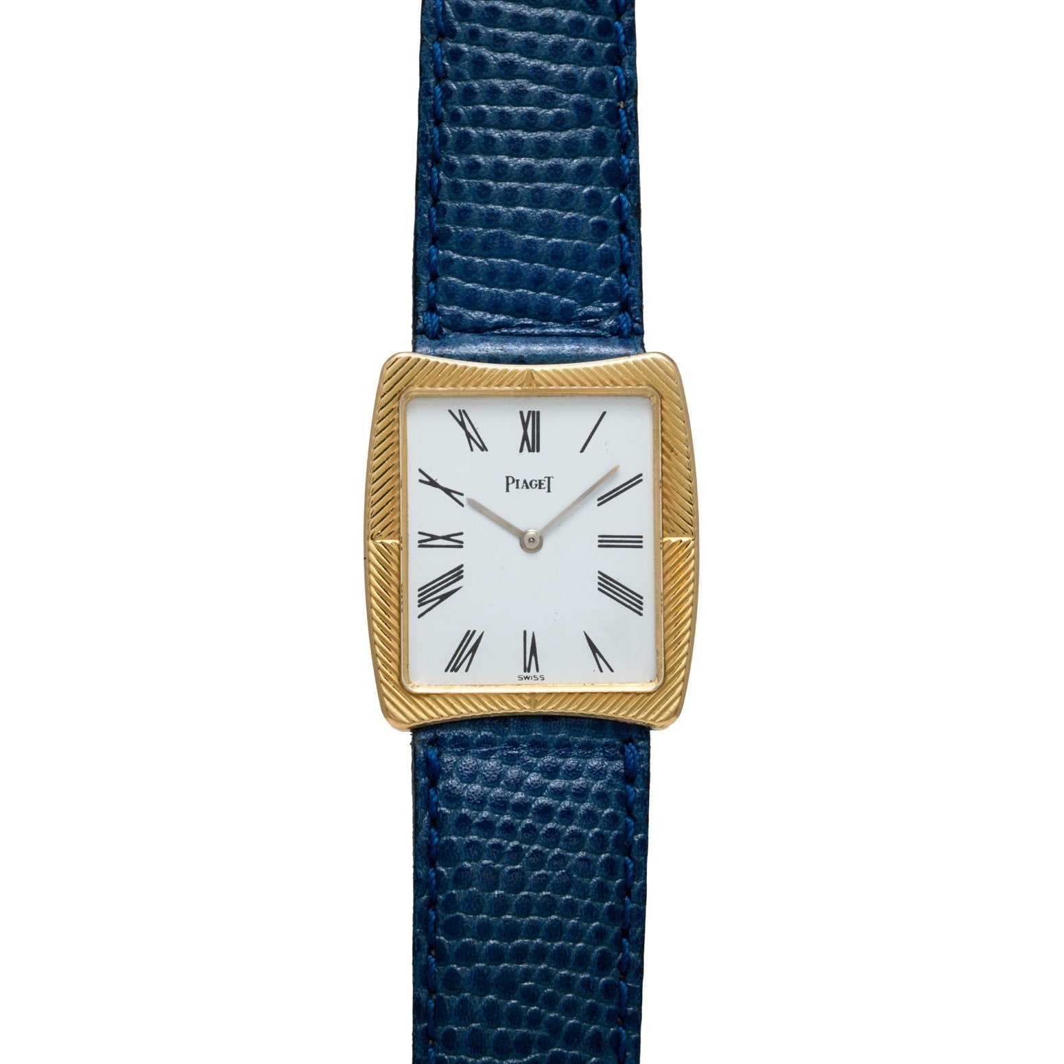 A gold Cartier Protocole wristwatch featuring a white face, Roman numerals, and a textured blue leather strap.