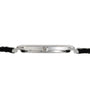 Side view of the Piaget Altiplano, a slim silver wristwatch with a black leather strap and a round crown.