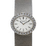 Vacheron Constantin White Gold Diamond Bezel watch with a mesh metal band and black hour markers on a white dial.