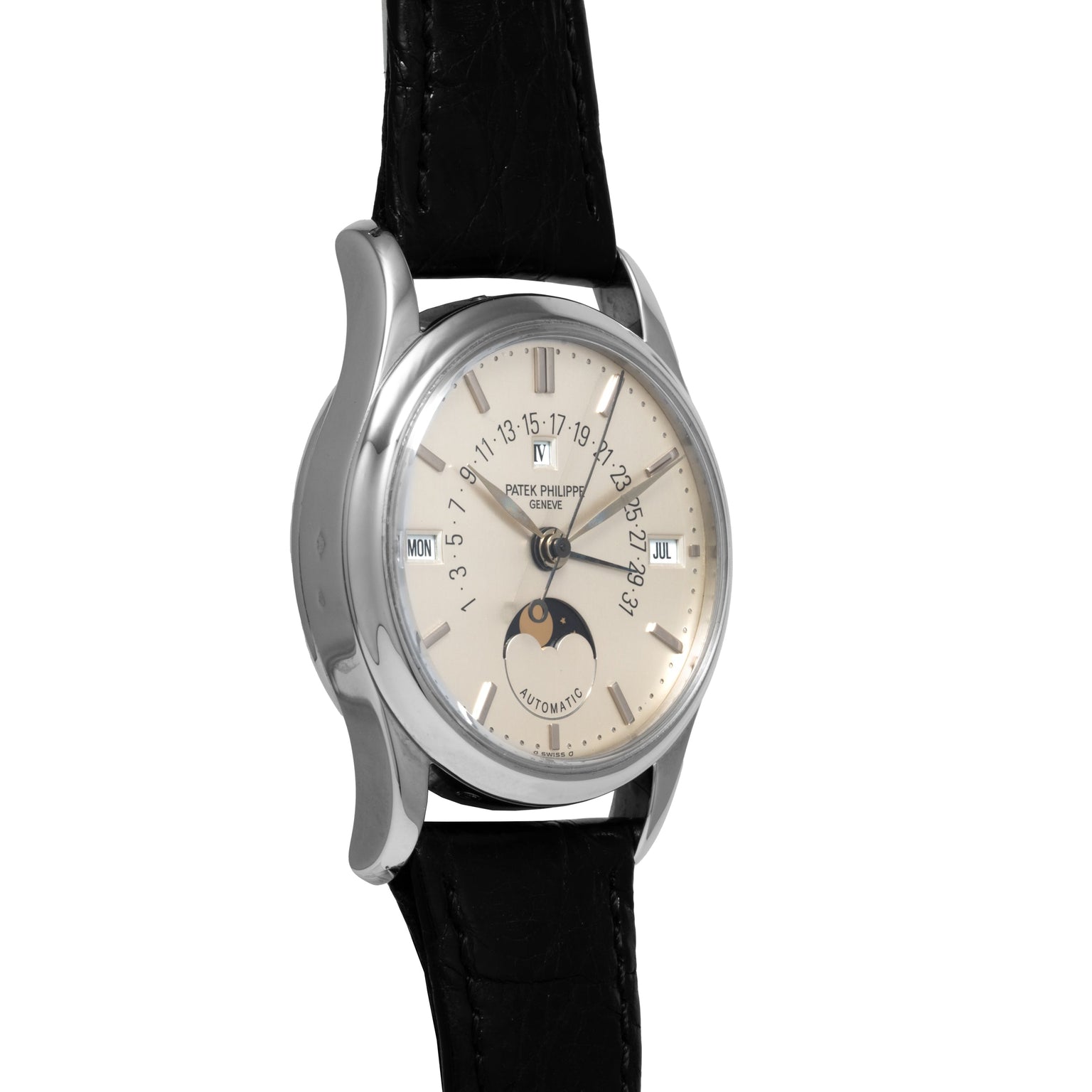Patek Philippe Retrograde Perpetual Calendar wristwatch with a moon phase display and black leather strap, photographed at an angle.
