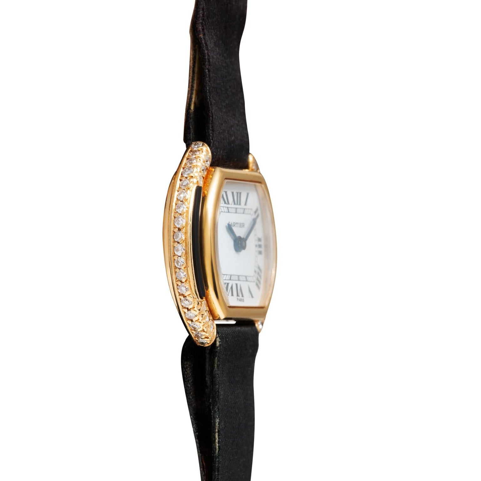 Cartier Ellipse gold wristwatch with a black strap and diamond accents, shown against a white background.