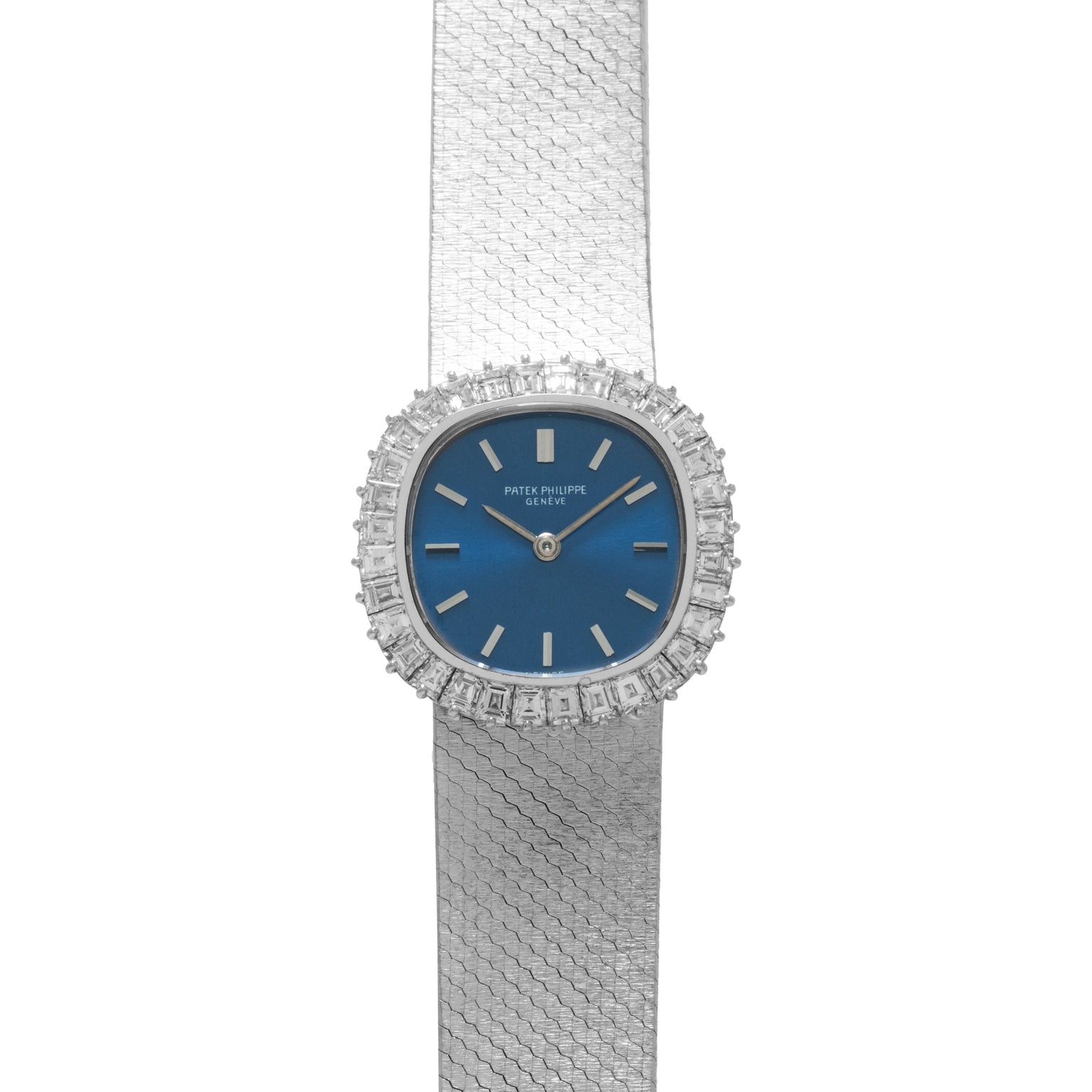 The Patek Philippe Ellipse Ladies Dress Watch features a silver mesh band, blue face, and diamond-encrusted bezel.