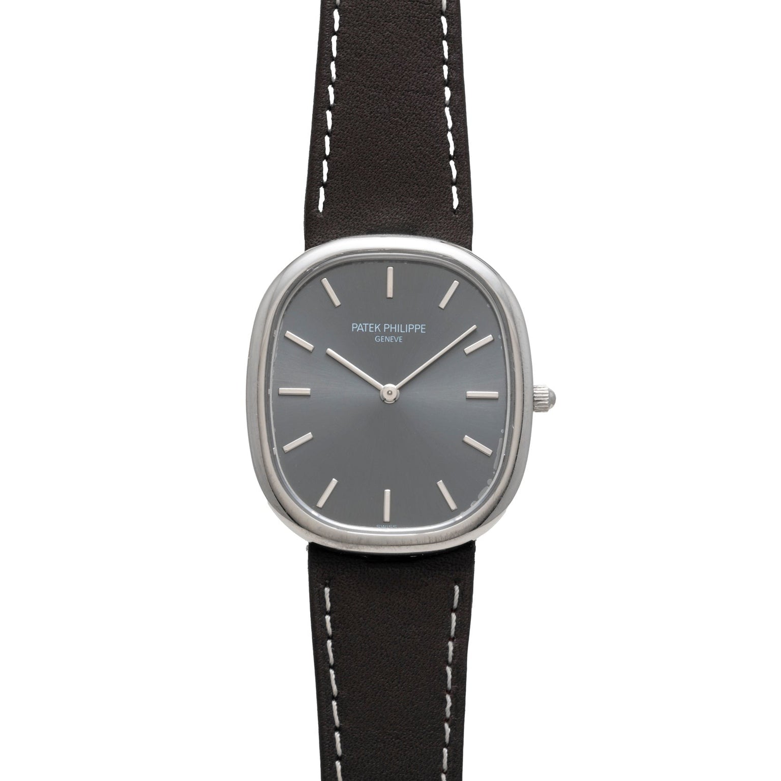 The Patek Philippe Ellipse features a gray dial, silver markers, and a black leather strap.