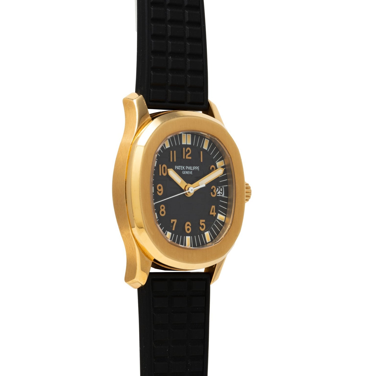 The Patek Philippe Aquanaut features a black face with numbered dial, date window, and a textured black rubber strap.