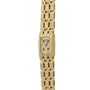 The Piaget Polo Pave is a gold wristwatch featuring a rectangular face and bracelet band, all encrusted with small diamonds.