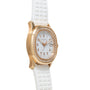 Patek Philippe Aquanaut Ladies watch with a white face, diamond bezel, and textured white strap, displayed at an angle.