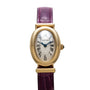 Cartier Baignoire wristwatch with Roman numerals and a purple leather strap, displayed on a white background.