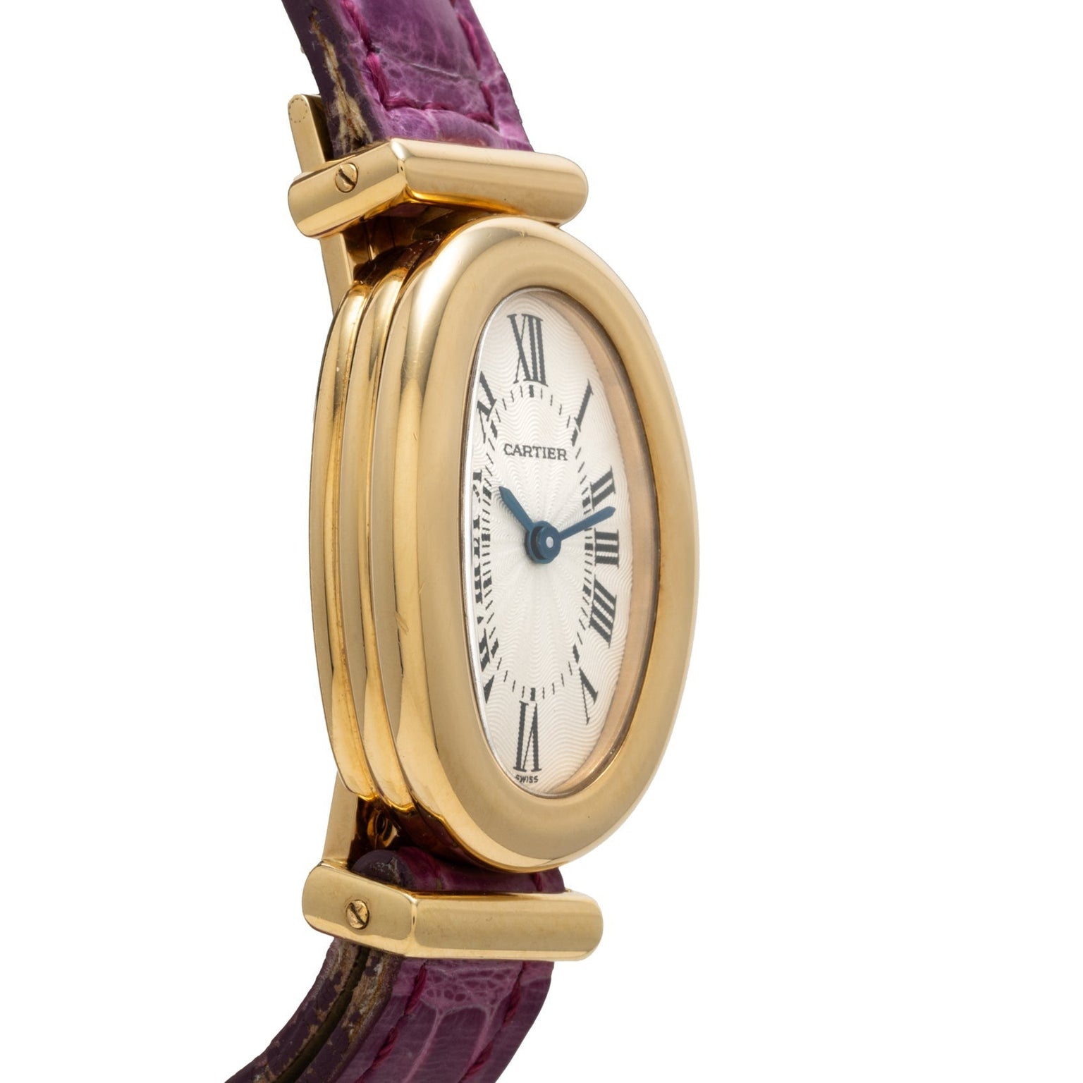 Cartier Baignoire watch featuring a gold oval case, Roman numerals, and a purple leather strap, displayed from an angled side view.