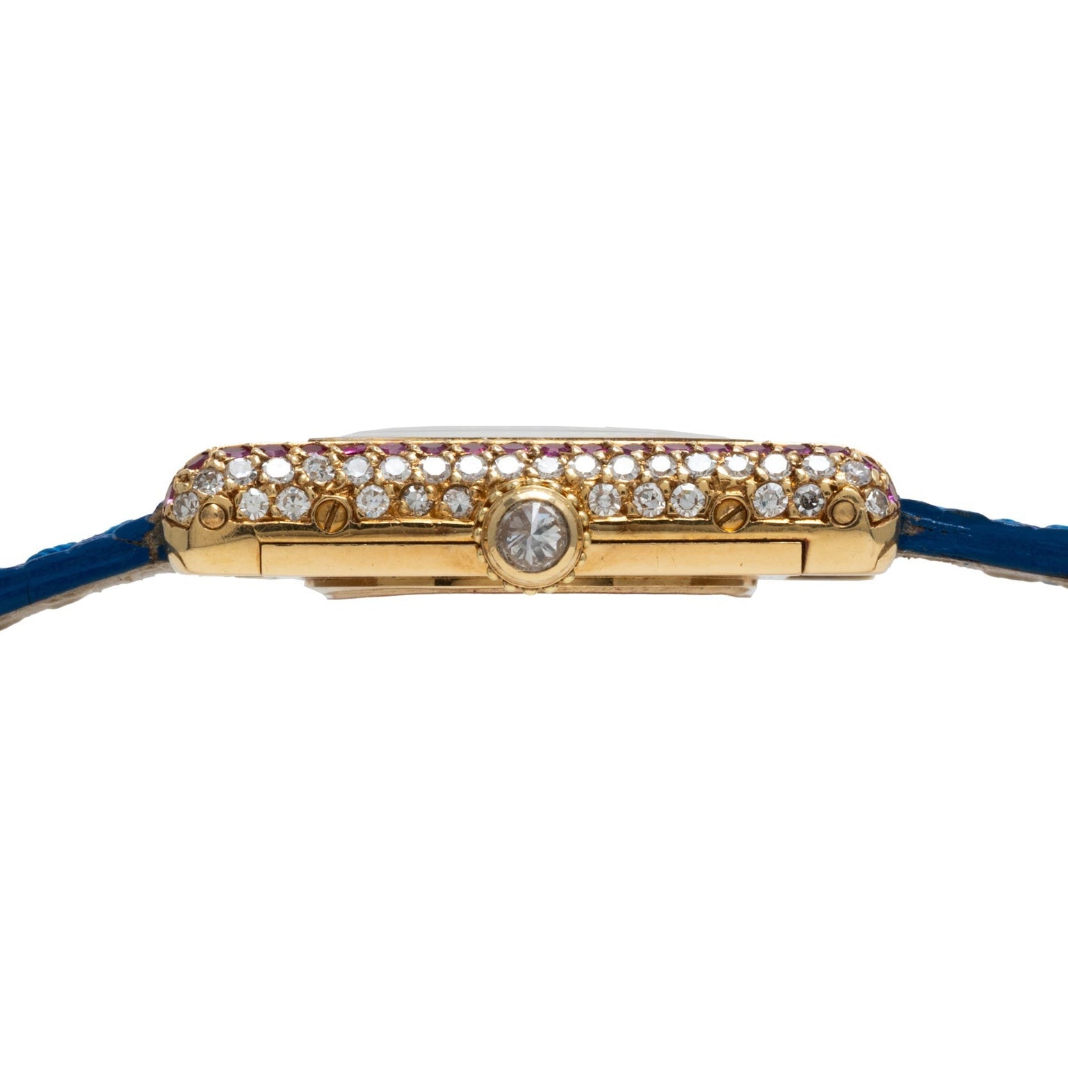 Side view of the Cartier Tank Louis Diamonds gold watch case with diamond accents and a blue leather strap.
