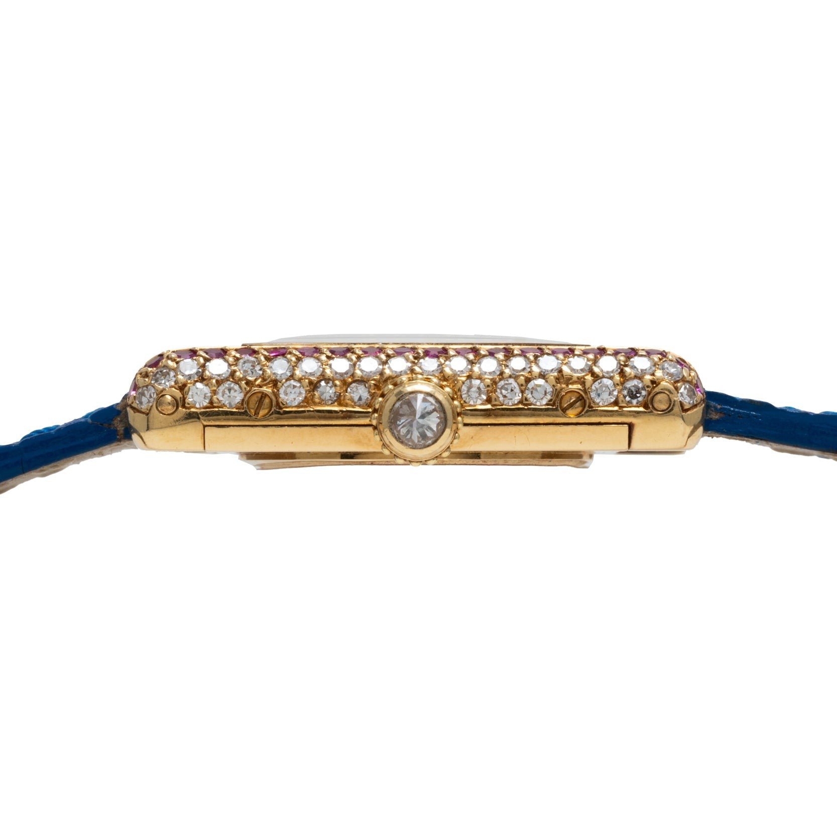 Side view of the Cartier Tank Louis Diamonds gold watch case with diamond accents and a blue leather strap.