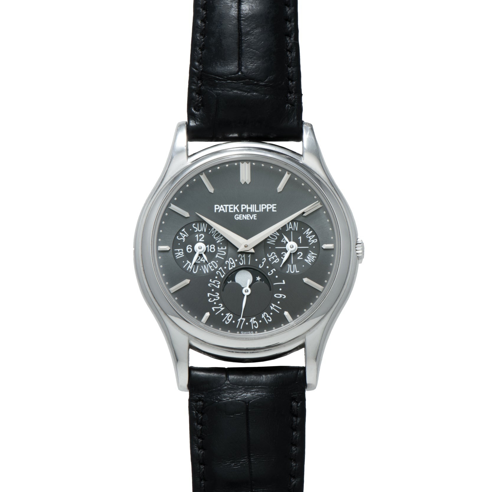 A Patek Philippe Perpetual Calendar wristwatch with a black leather strap and a black dial featuring multiple subdials.
