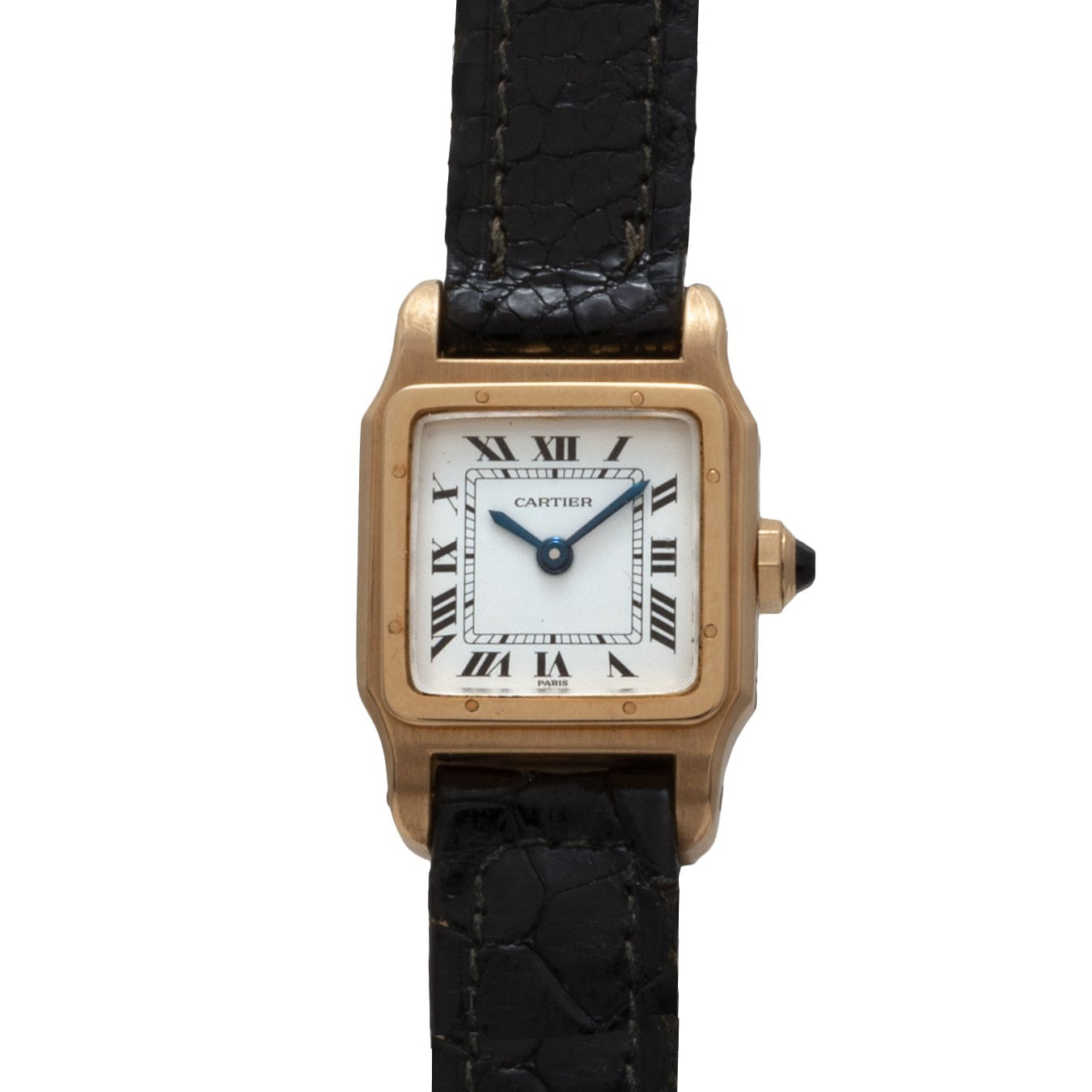 Cartier Santos Mini watch with a square white dial, Roman numerals, and a black leather strap.