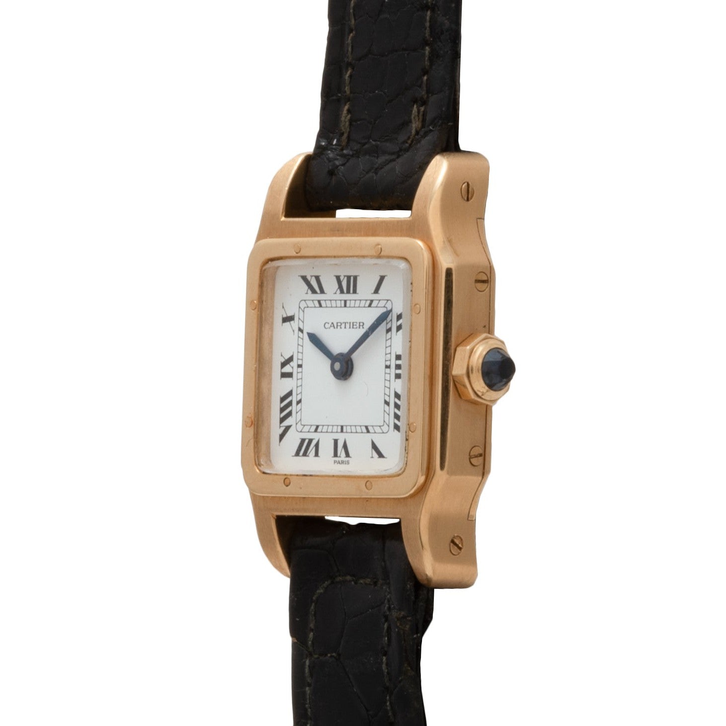 Cartier Santos Mini wristwatch featuring a square face, black Roman numerals, and a black leather strap.