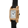 Cartier Santos Mini wristwatch featuring a square face, black Roman numerals, and a black leather strap.
