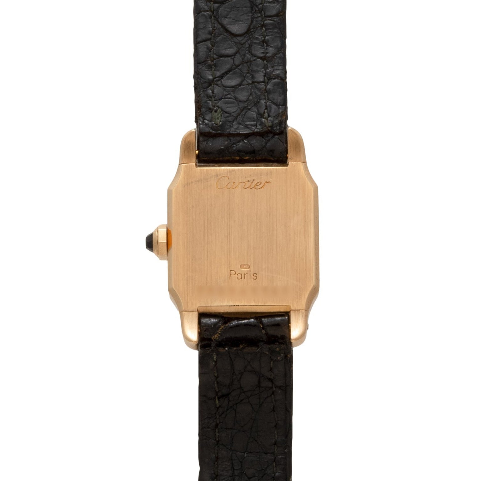 Back view of the Cartier Santos Mini watch featuring a gold case and black leather strap.