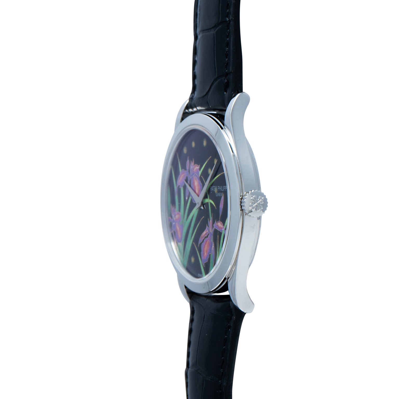 Side view of the Patek Philippe Calatrava Cloisonné Iris & Night Fireflies, a luxury watch featuring a black strap and a floral motif on the face.