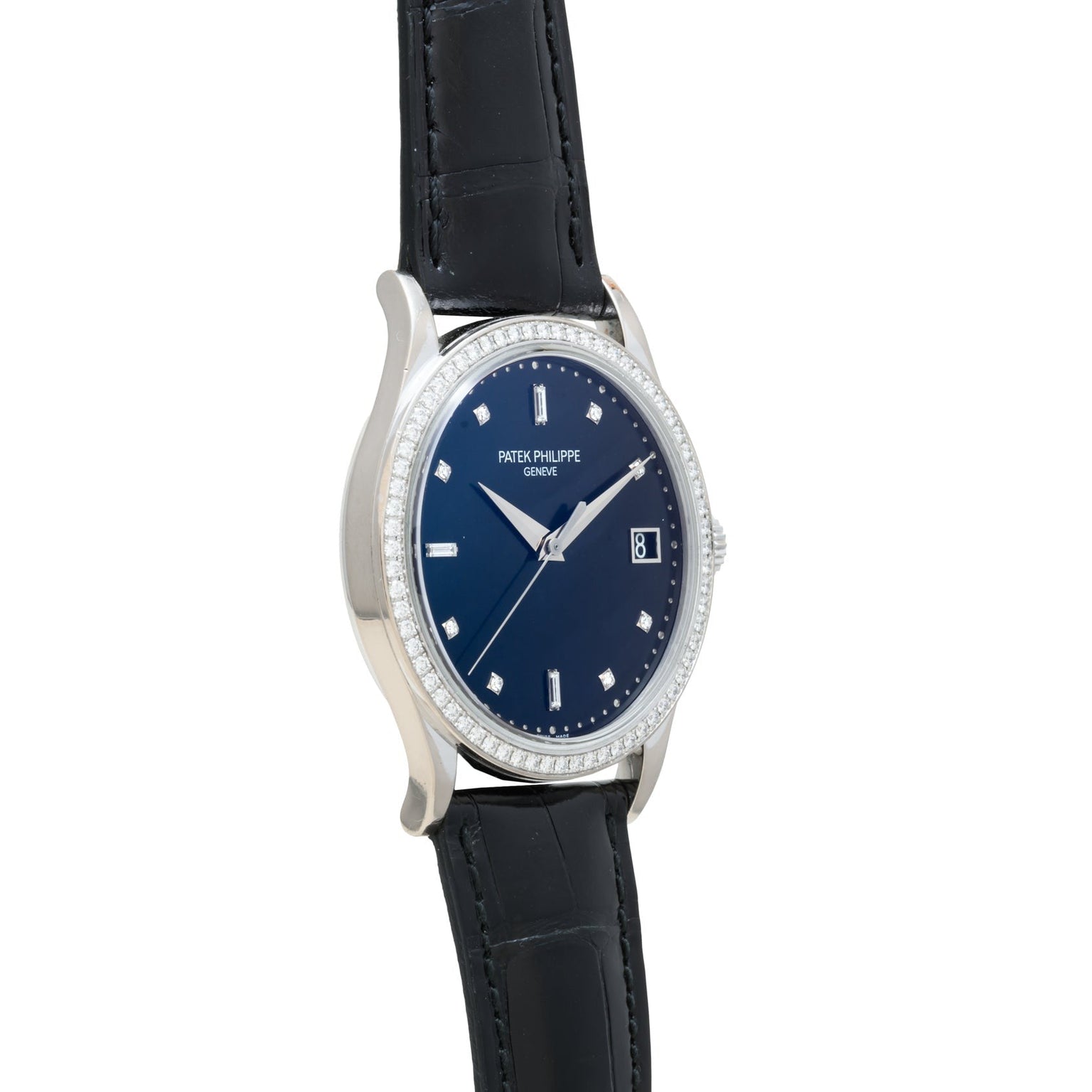 The Patek Philippe Calatrava Diamond Bezel features a black leather strap, blue dial, diamond bezel, and silver hour markers.