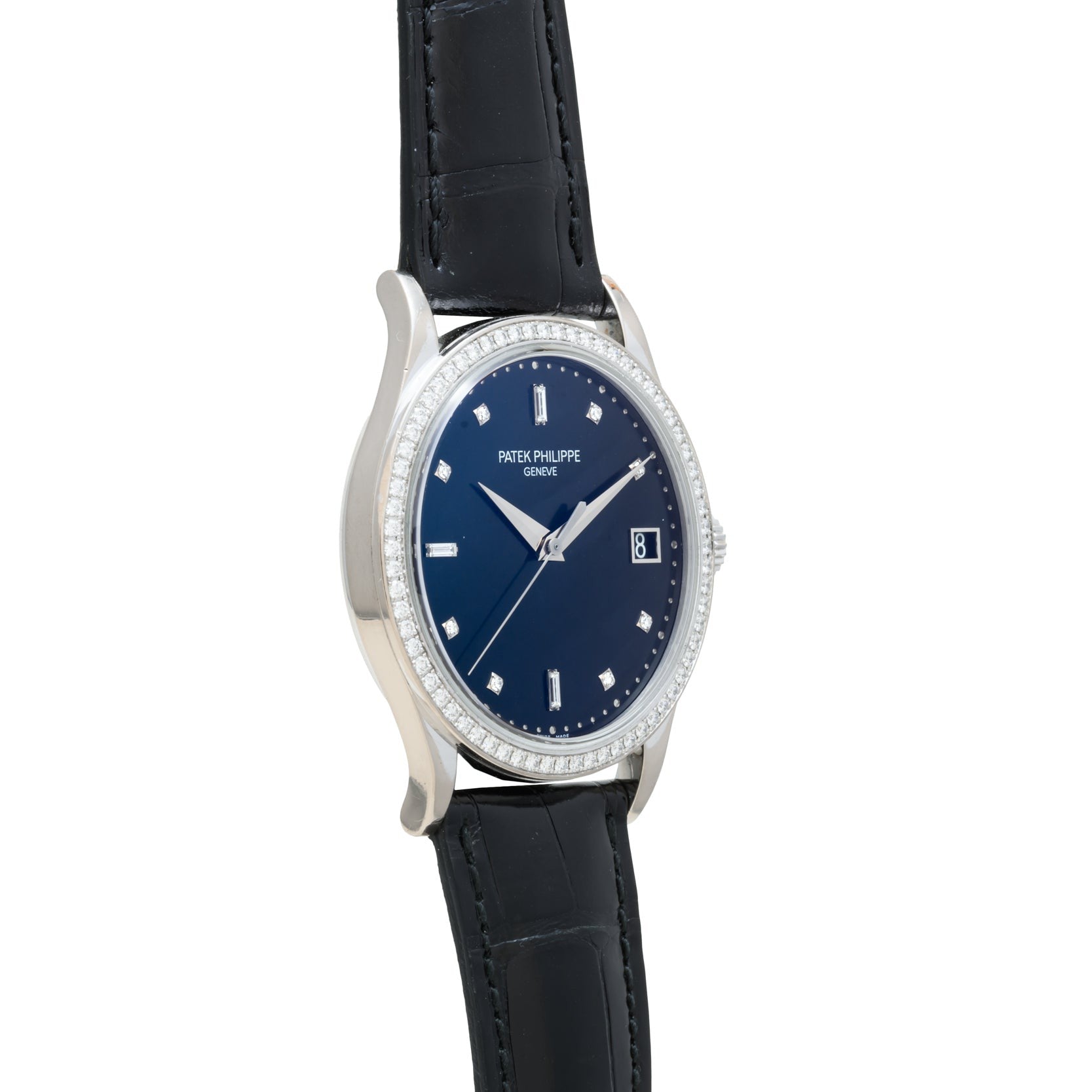 The Patek Philippe Calatrava Diamond Bezel features a black leather strap, blue dial, diamond bezel, and silver hour markers.