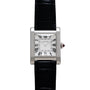 Cartier Tank Normale watch featuring a square case, black leather strap, and Roman numerals on a white dial.