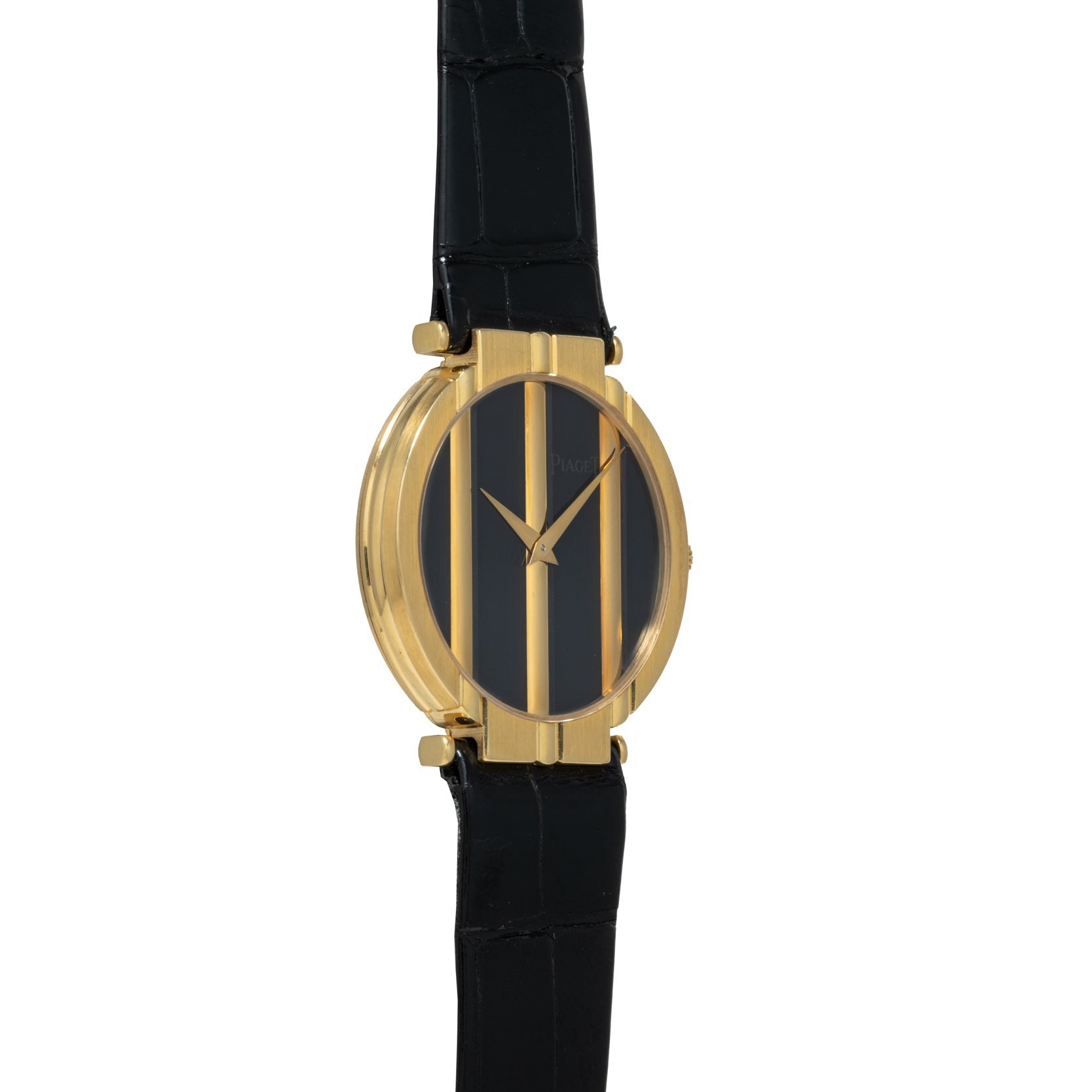 The Piaget Polo Onyx is a gold watch with a black face, vertical gold bars, and a black leather strap, shown on a white background.