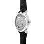 Lange & Sohne Lange 1 Tourbillon Perpetual Calendar, a silver luxury wristwatch with black leather strap, multiple dials, and moonphase display shown from an angled side view.