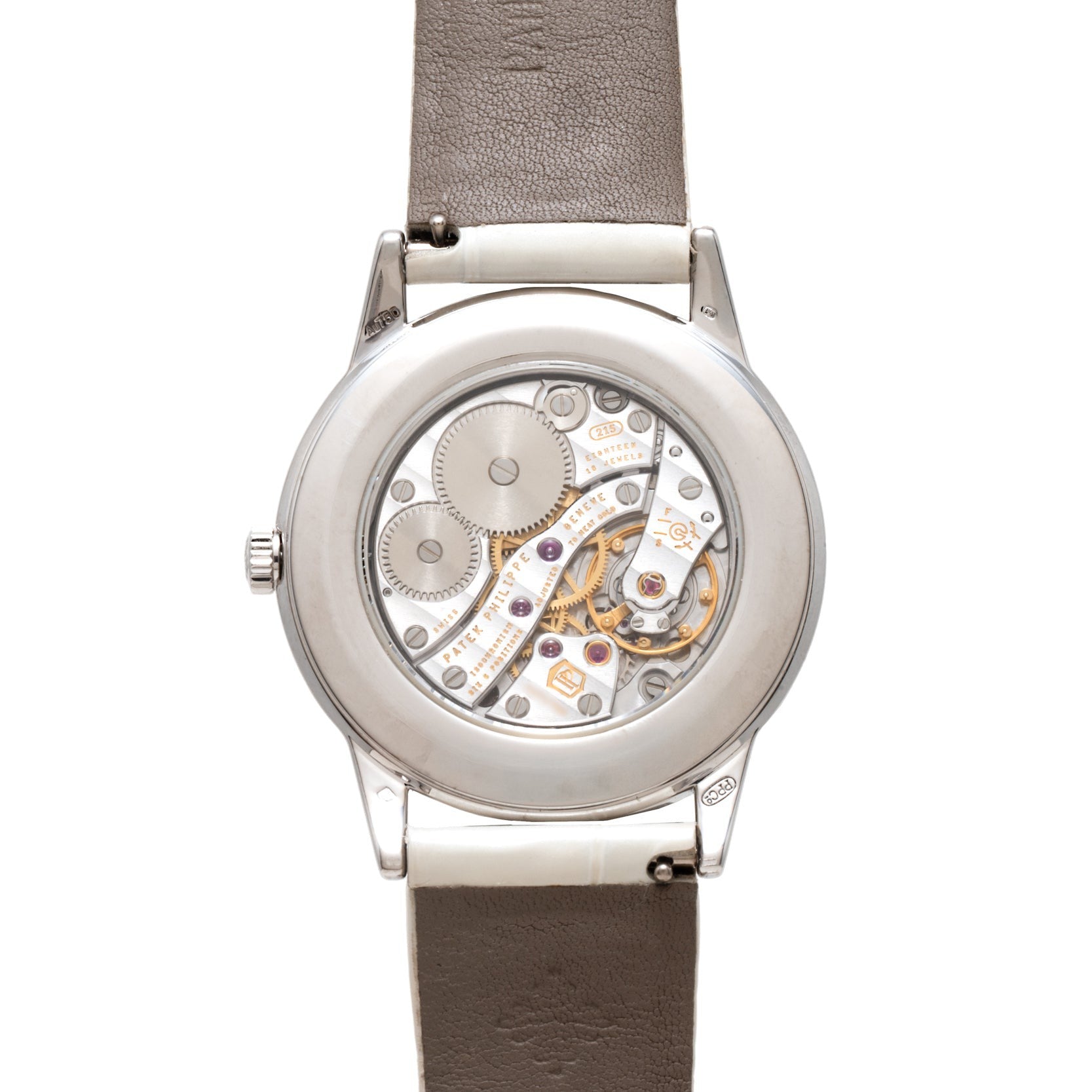 The Patek Philippe Calatrava features a transparent case back that reveals the intricate mechanical movement inside.