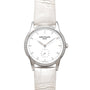The Patek Philippe Calatrava features a silver case, diamond bezel, minimalist white dial, and a white leather strap.