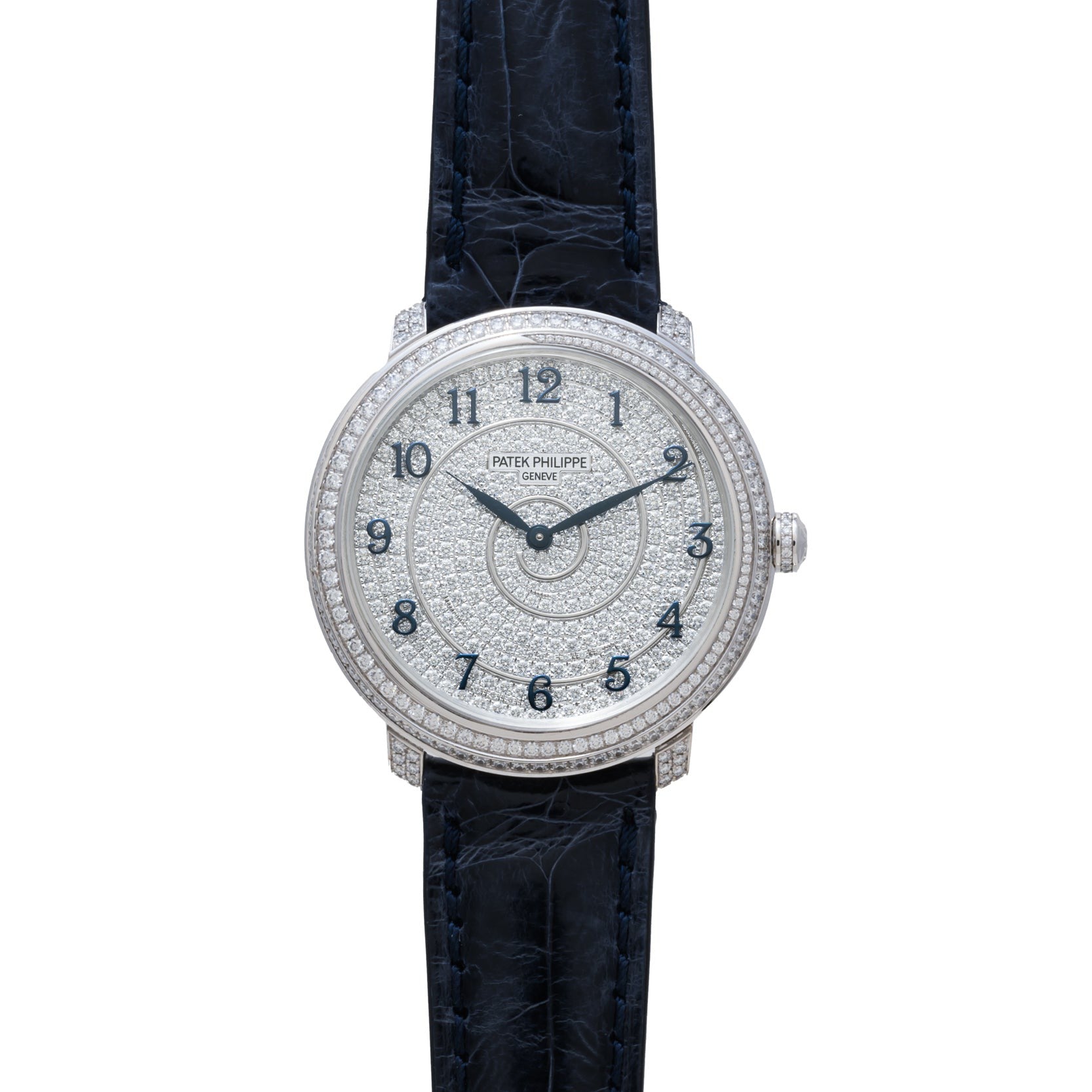 A Patek Philippe Calatrava wristwatch featuring a diamond-encrusted case, black leather strap, and silver dial.