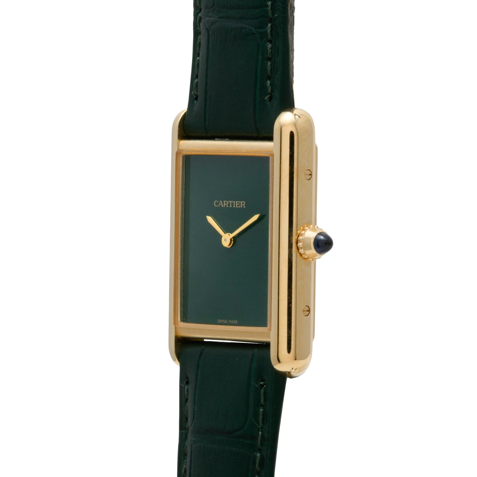Cartier Tank Louis watch featuring a green rectangular face and black leather strap, shown from an angled side view.