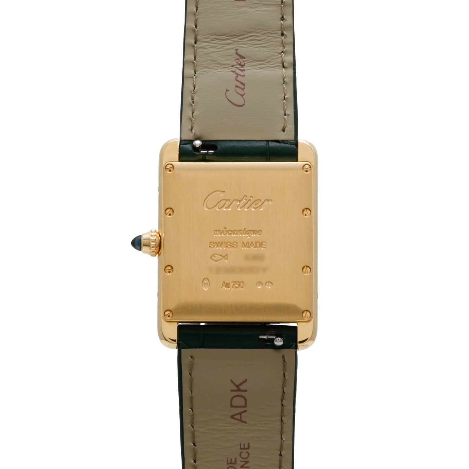 Back view of the Cartier Tank Louis watch, featuring a gold case, green leather strap, and engraved markings.