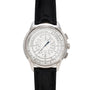The Patek Philippe Multi-Scale Chronograph is a luxury wristwatch featuring a black leather strap and an intricate white dial with multiple scales.