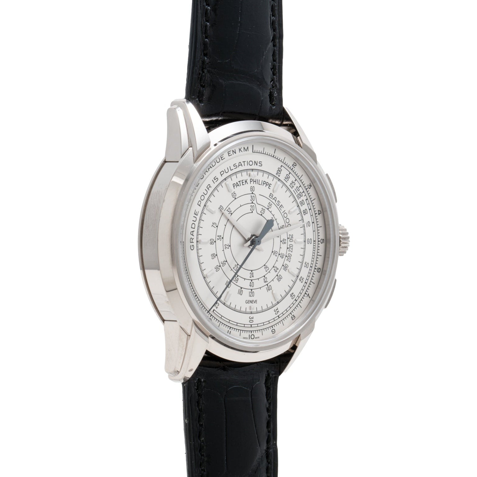 The Patek Philippe Multi-Scale Chronograph is a silver wristwatch with a black leather strap and multiple scales on the dial.