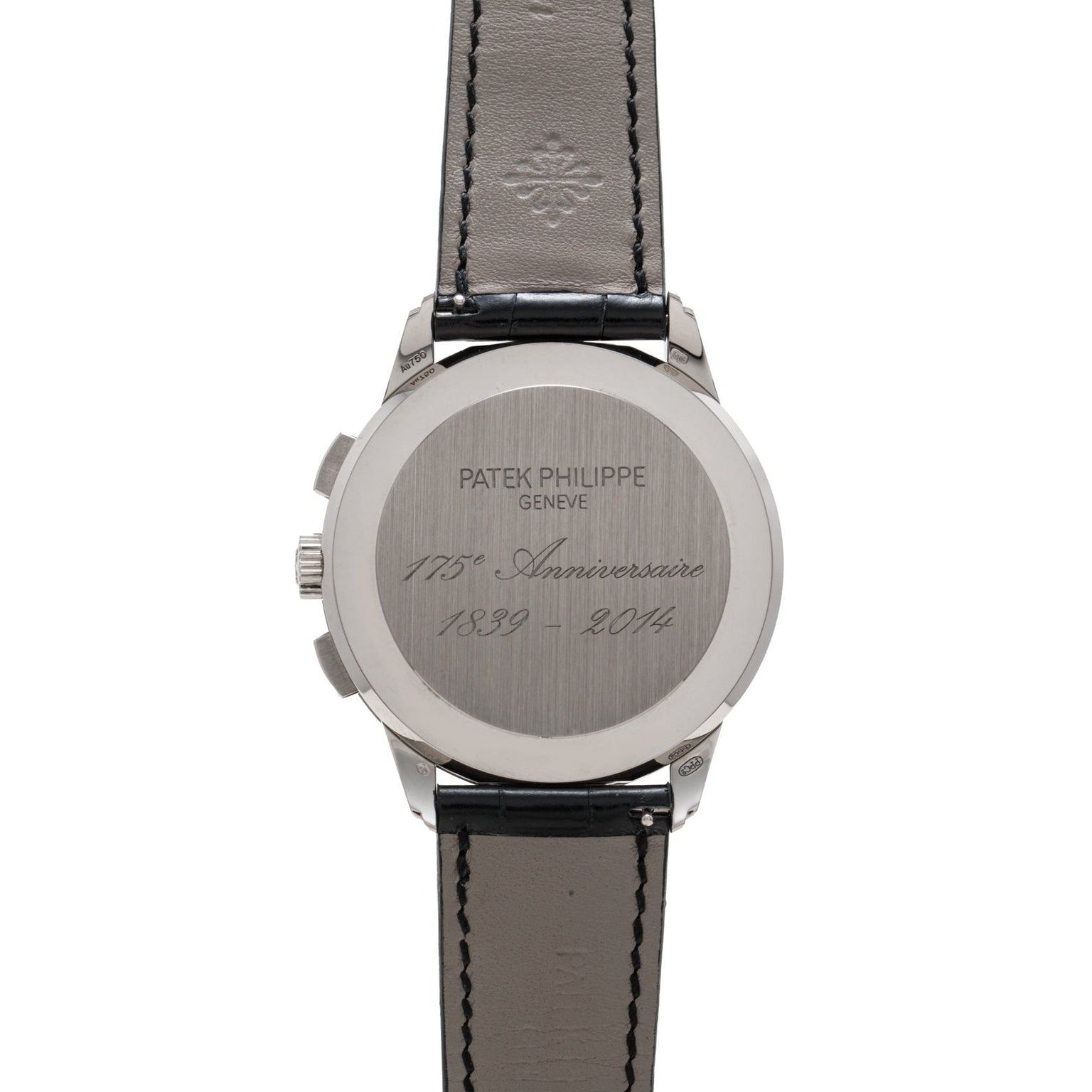 Back of a Patek Philippe Multi-Scale Chronograph watch engraved with 175e Anniversaire 1839-2014, featuring a black leather strap.