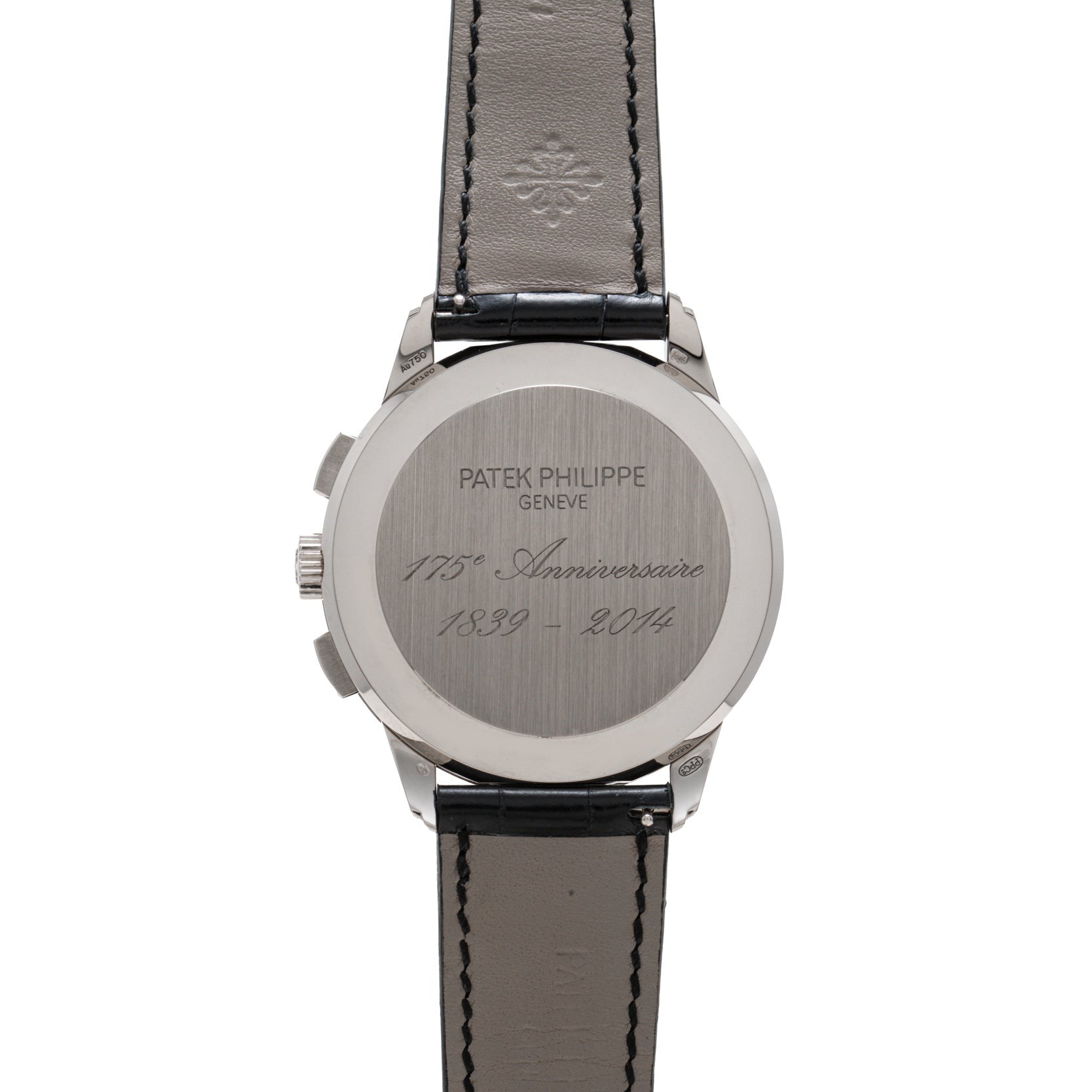 Back of a Patek Philippe Multi-Scale Chronograph watch engraved with 175e Anniversaire 1839-2014, featuring a black leather strap.