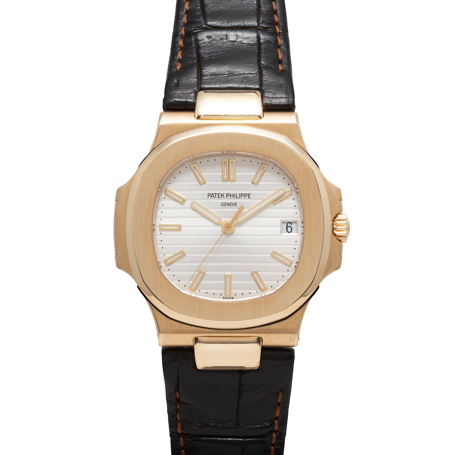 Patek Philippe Nautilus wristwatch with a white dial, date window, and black leather strap.