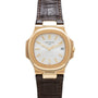 Patek Philippe Nautilus gold wristwatch with white dial, gold hour markers, brown leather strap, and date display at 3 oclock.