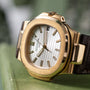 The Patek Philippe Nautilus watch features a white dial and brown leather strap, beautifully displayed on a green surface.