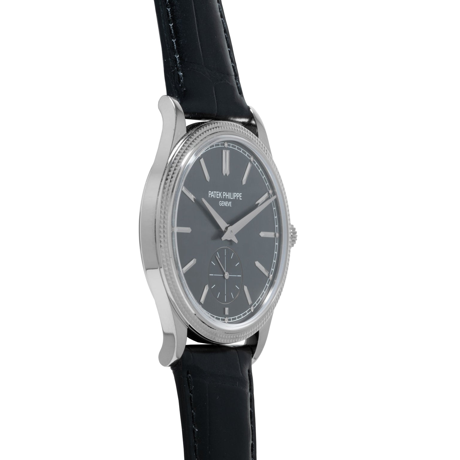 Side view of a Patek Philippe Calatrava wristwatch featuring a black leather strap and a dark dial.