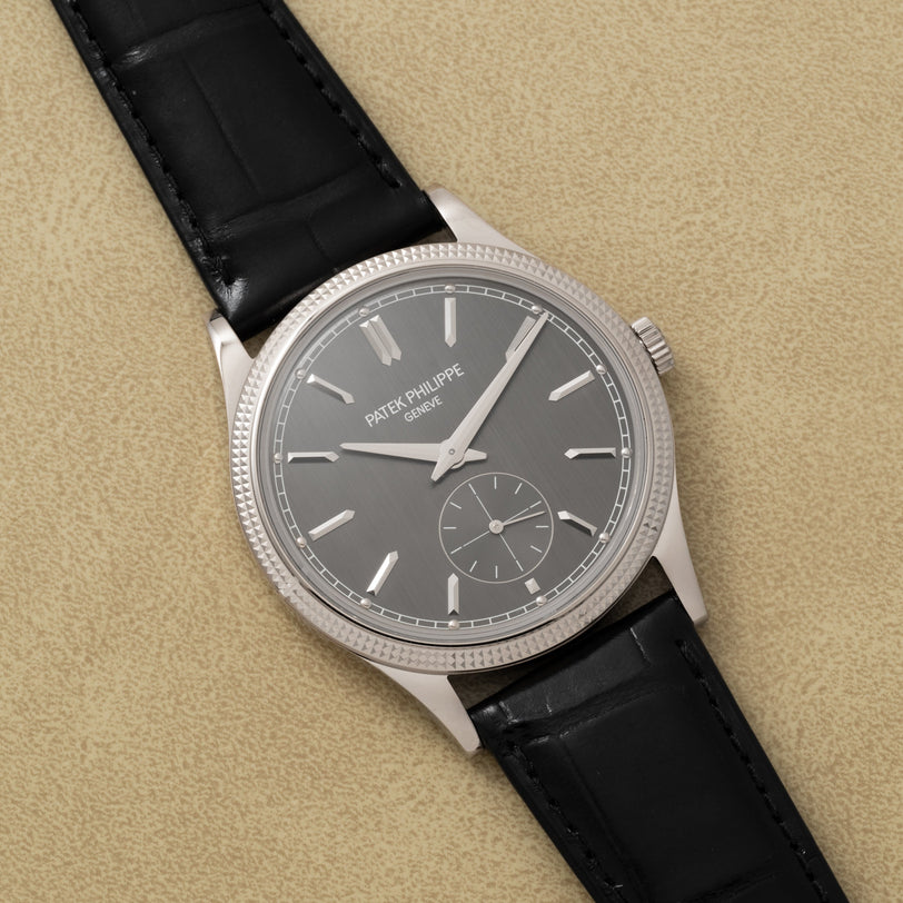 A Patek Philippe Calatrava silver wristwatch with a black leather strap displayed on a beige surface.