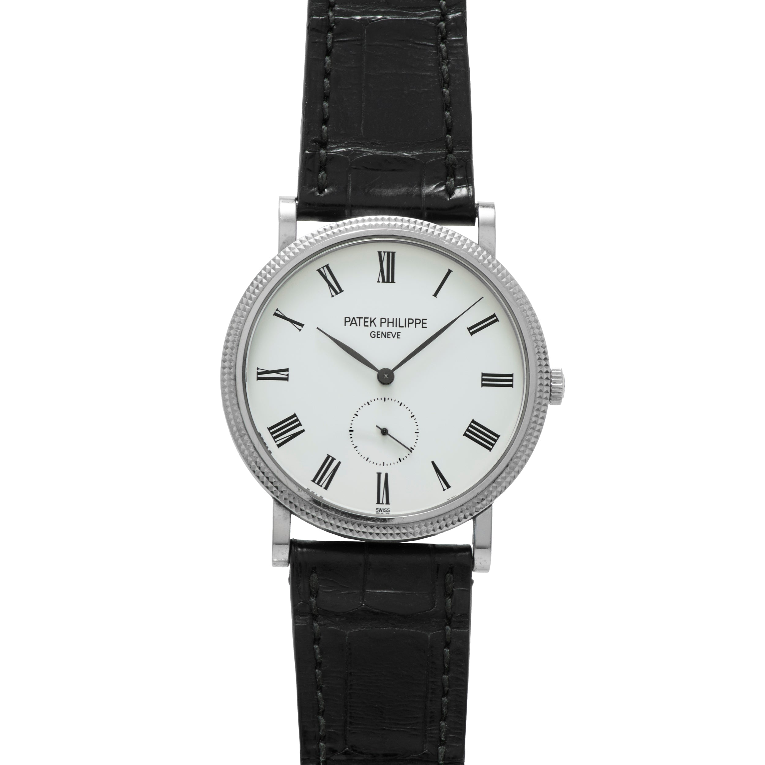 The Patek Philippe Calatrava features a silver case, black Roman numerals, and a black leather strap, shown against a white background.