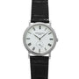 The Patek Philippe Calatrava features a silver case, black Roman numerals, and a black leather strap, shown against a white background.
