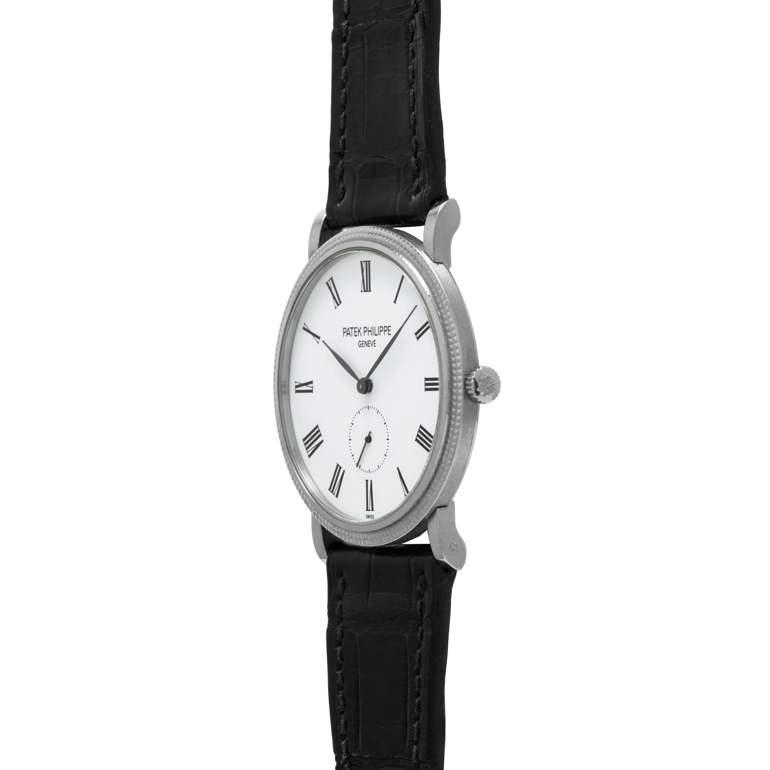 The Patek Philippe Calatrava features a white dial with black Roman numerals and a black leather strap.