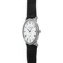 The Patek Philippe Calatrava features a white dial with black Roman numerals and a black leather strap.