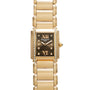 Patek Philippe Twenty-4 gold watch featuring a rectangular face, diamond accents, and Roman numerals at 12 and 6.