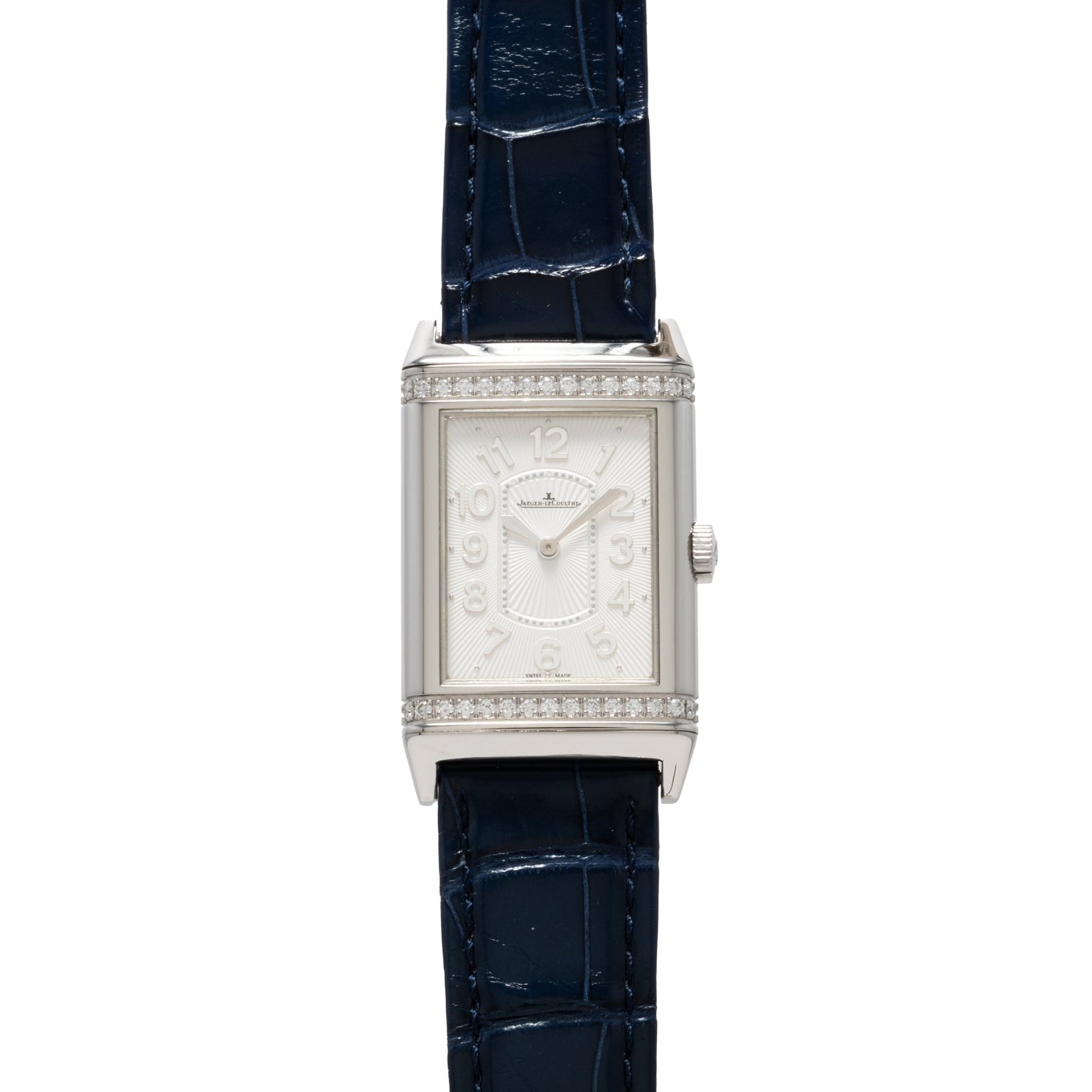 The Jaeger-LeCoultre Reverso Classique Ladies watch features a rectangular silver case, diamond accents, blue leather strap, and displays 12:00 on the dial.